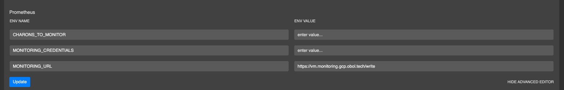 Screenshot of the DappNode 'update' button used to apply the validator-exit config change.
