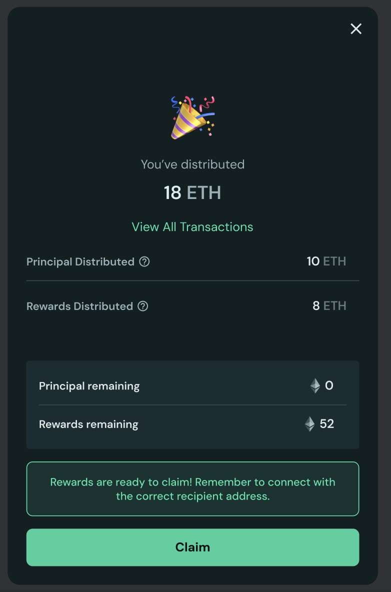 Screenshot of the OVM reward distribution success page.