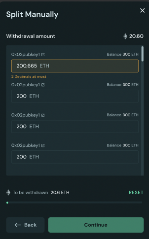 Screenshot of the manual withdrawal allocation interface on the DV Launchpad.