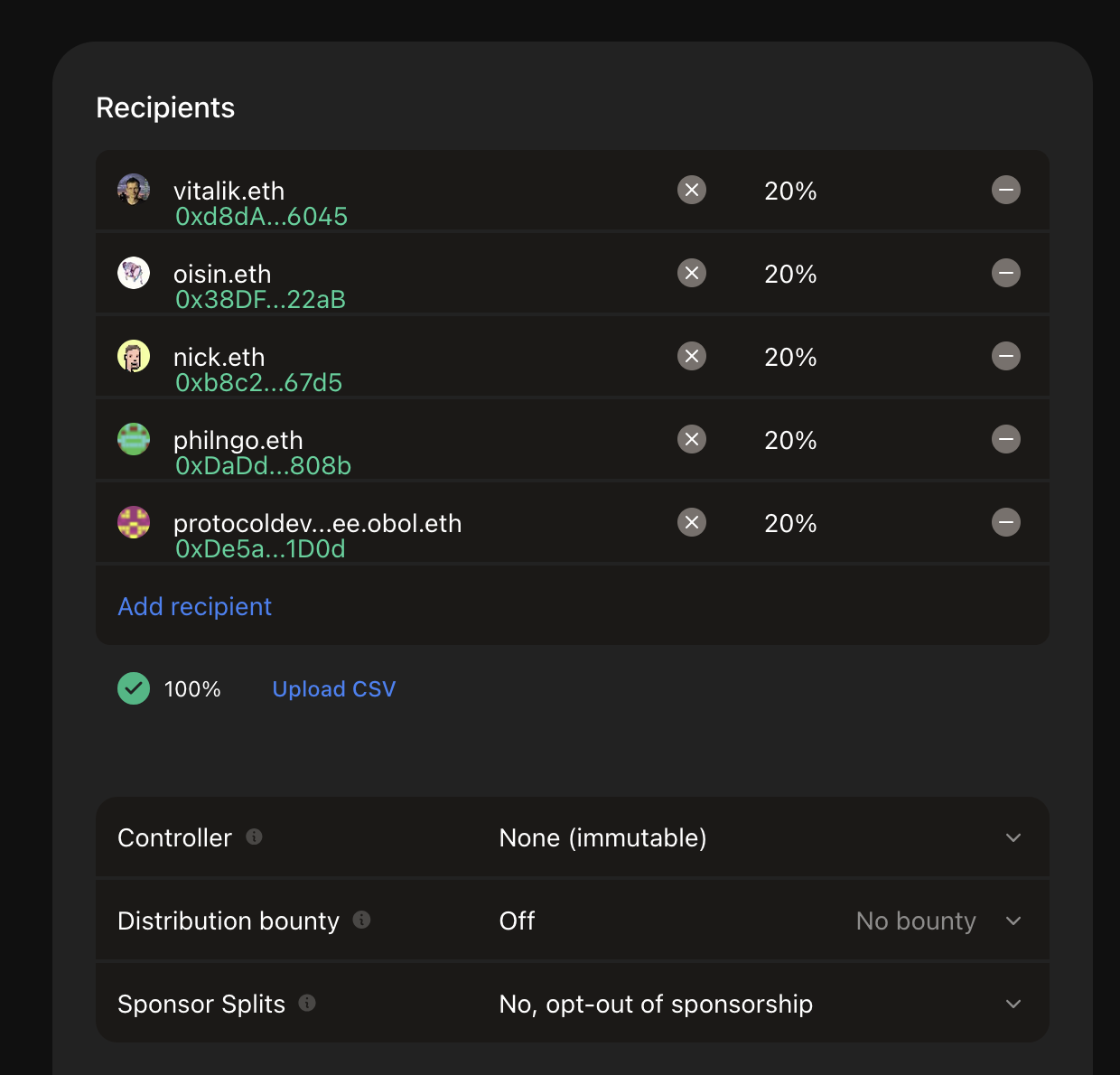 Screenshot of the Splits.org UI configuring split recipients — 5% of stVault fees routed to a chosen address.