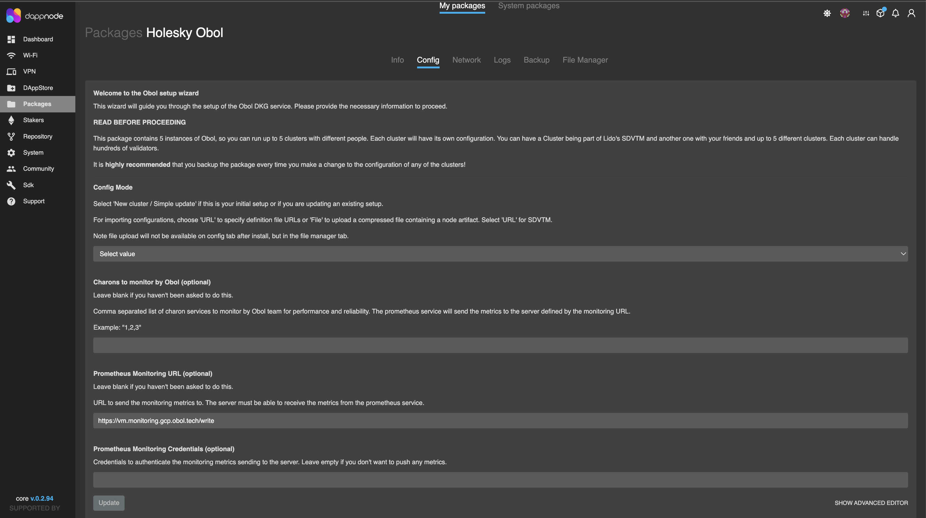 Screenshot: Navigate to the config tab of your Obol DappNode package. Click 'Packages', then click 'My Packages', and enter the Obol package. Go to the config tab. At the bottom right corner…