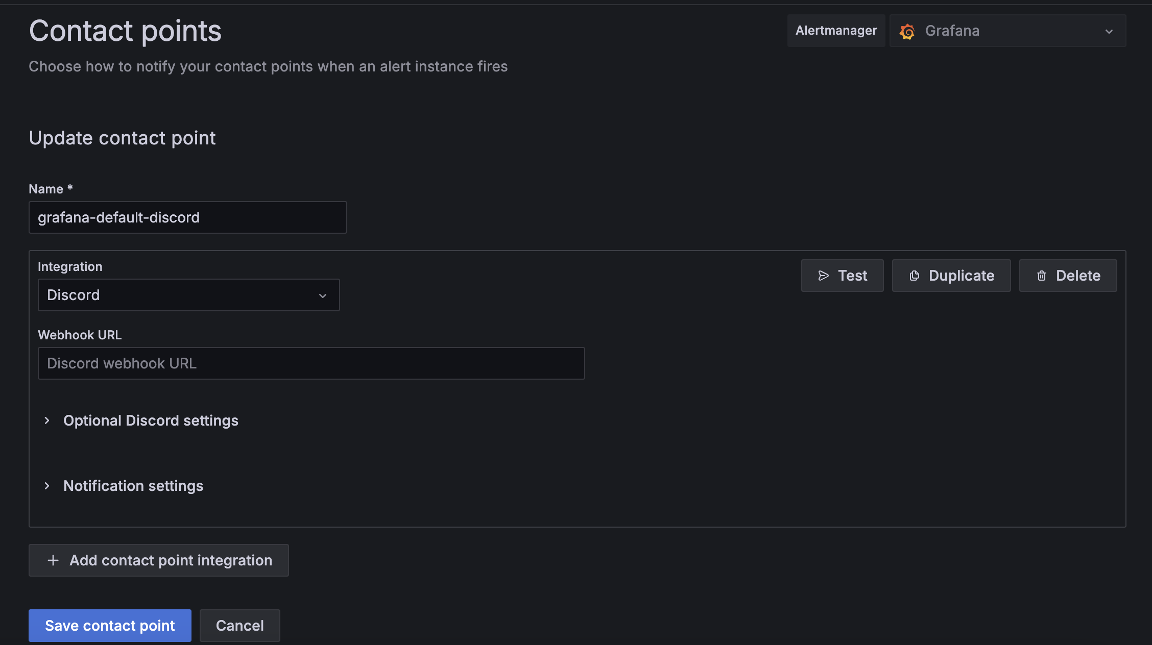 Screenshot: Click on + Add contact point. It will show the following page. Choose Discord in the Integration drop down.