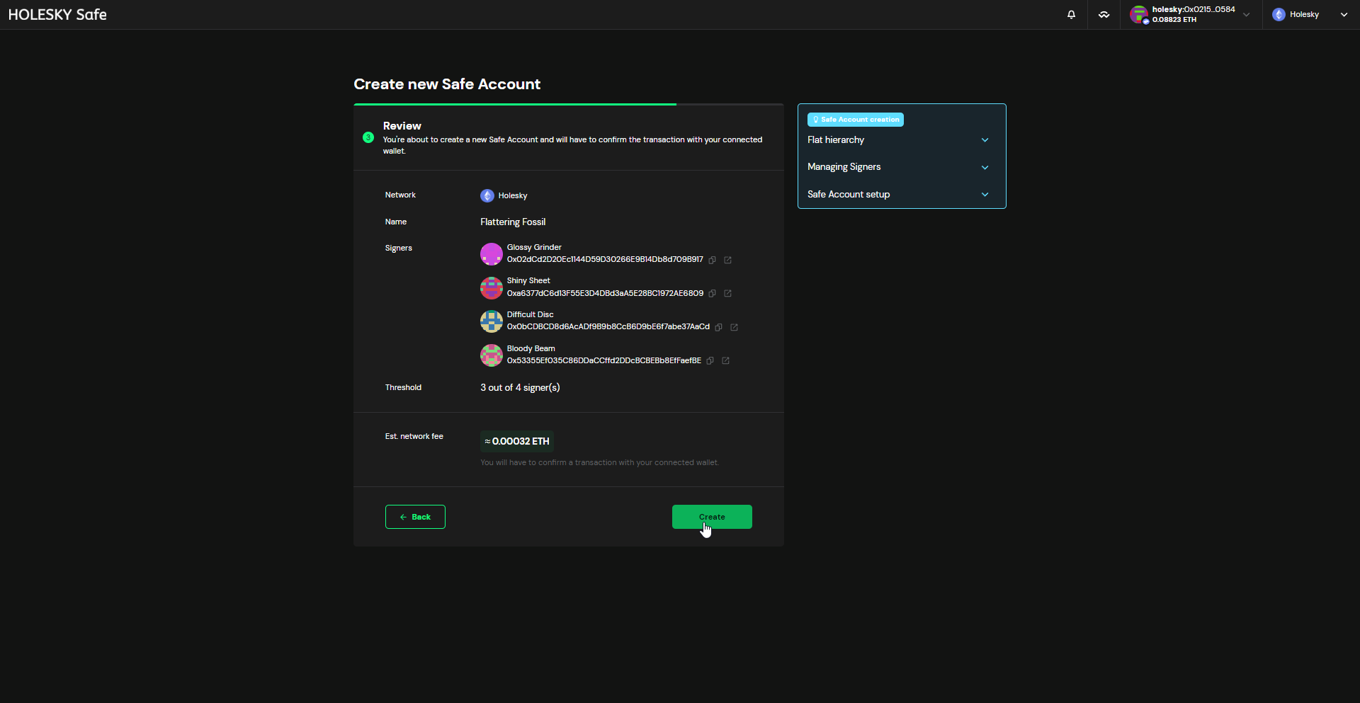 Screenshot: Finally, submit the transaction to create the Safe by clicking on the Create button.