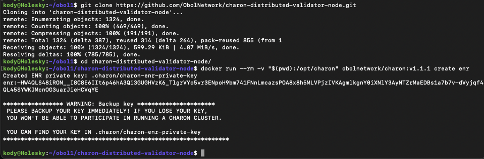 Screenshot: docker run --rm -v "$(pwd):/opt/charon" obolnetwork/charon.10.0 create enr.
