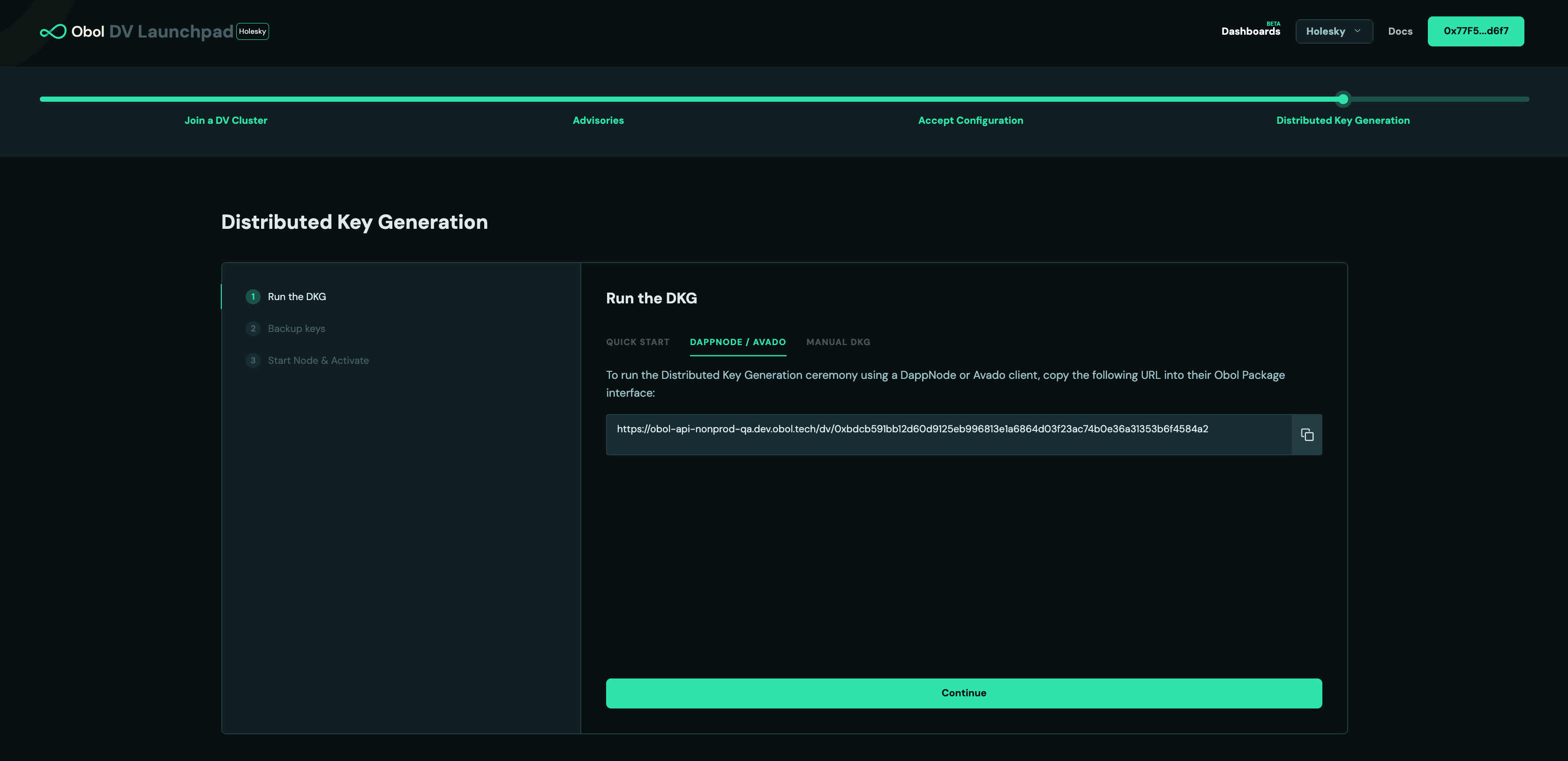 Screenshot: After all operators have signed with their wallet and has provided an ENR from the DappNode info tab, the Launchpad will instruct operators to begin the DKG ceremony. Click…