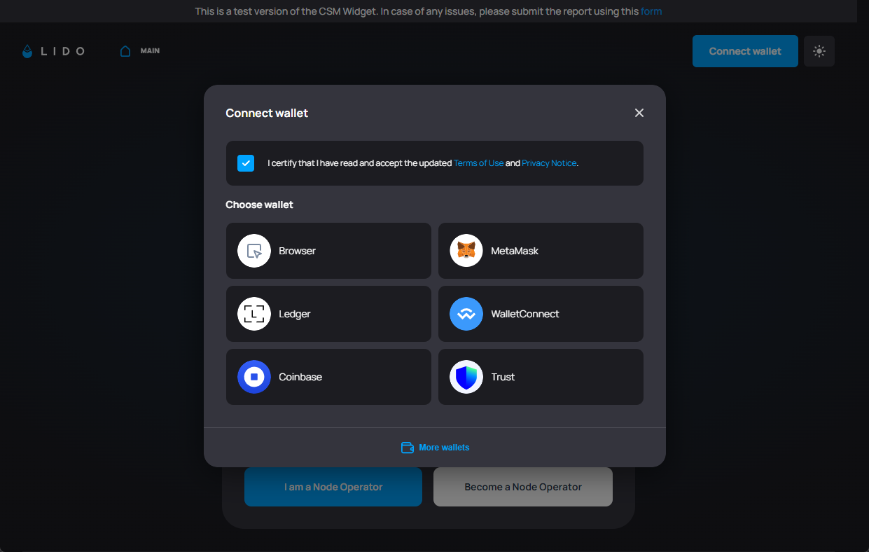 Screenshot: An ICS member heads to csm.lido.fi and connects their wallet.