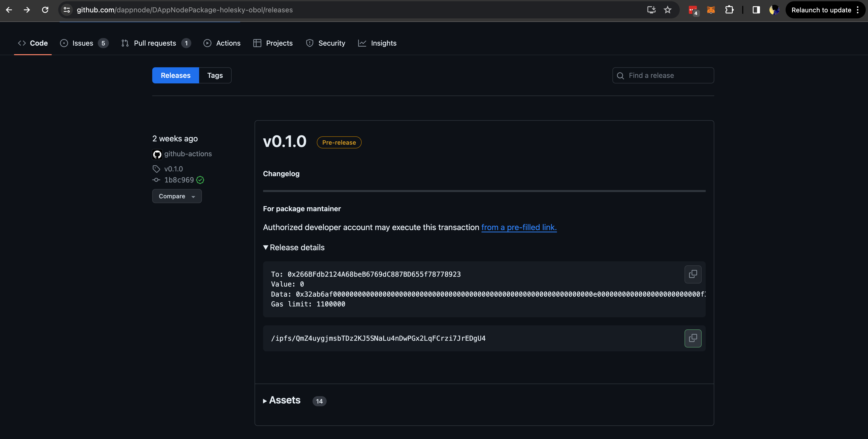 Screenshot: Copy the latest IPFS hash from the release details dropdown.