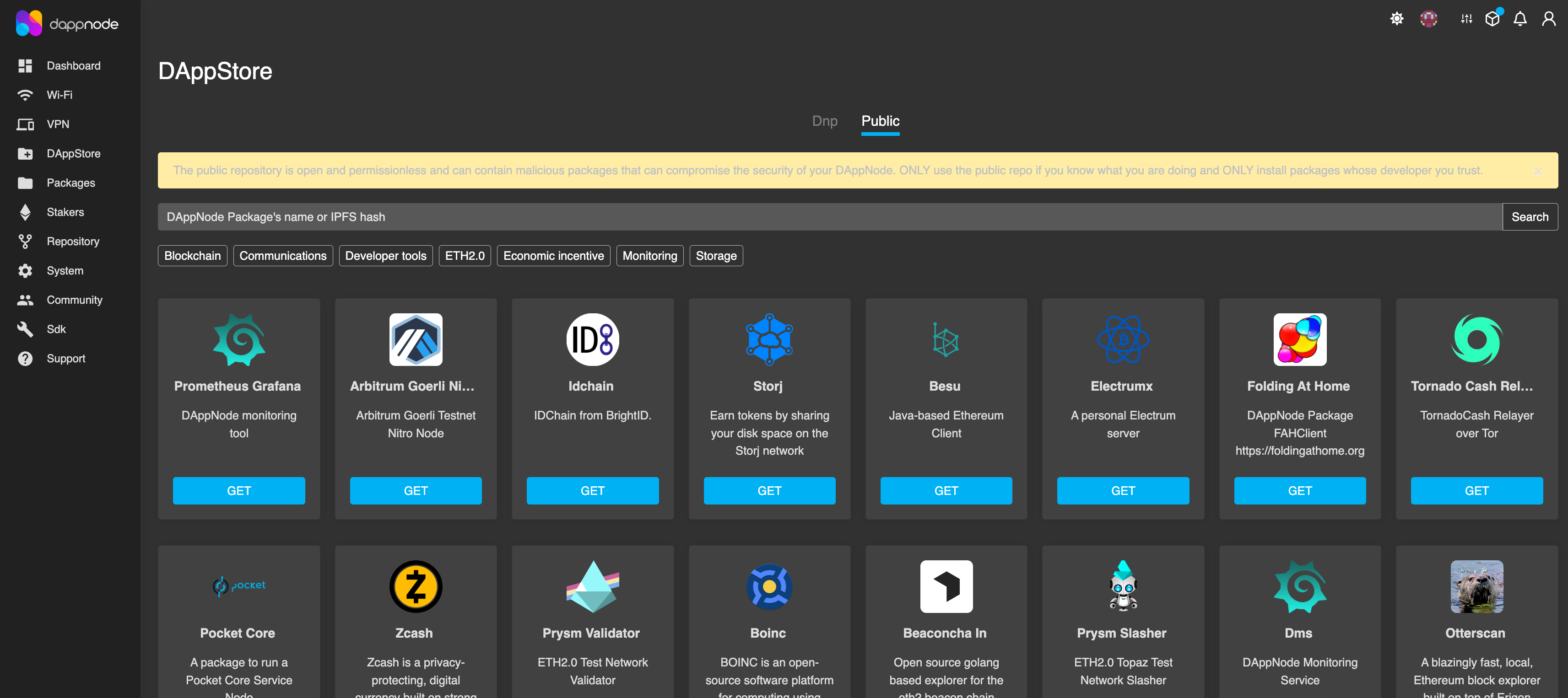 Screenshot: Go back to DappNode Dashboard > Dappstore, select the 'Public' tab, and accept the terms &amp; conditions before proceeding.