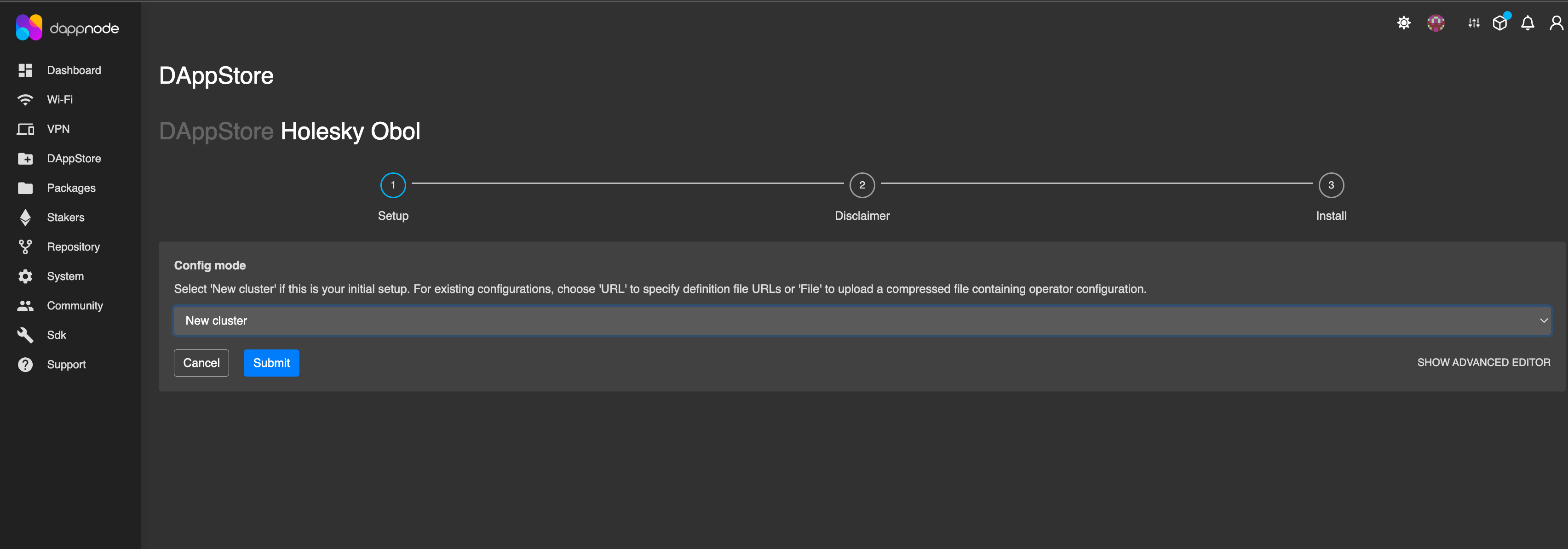 Screenshot: Click 'Install' &amp; in the config mode page > select new cluster &amp; submit. (if you already have the config URL, you can select URL option.).