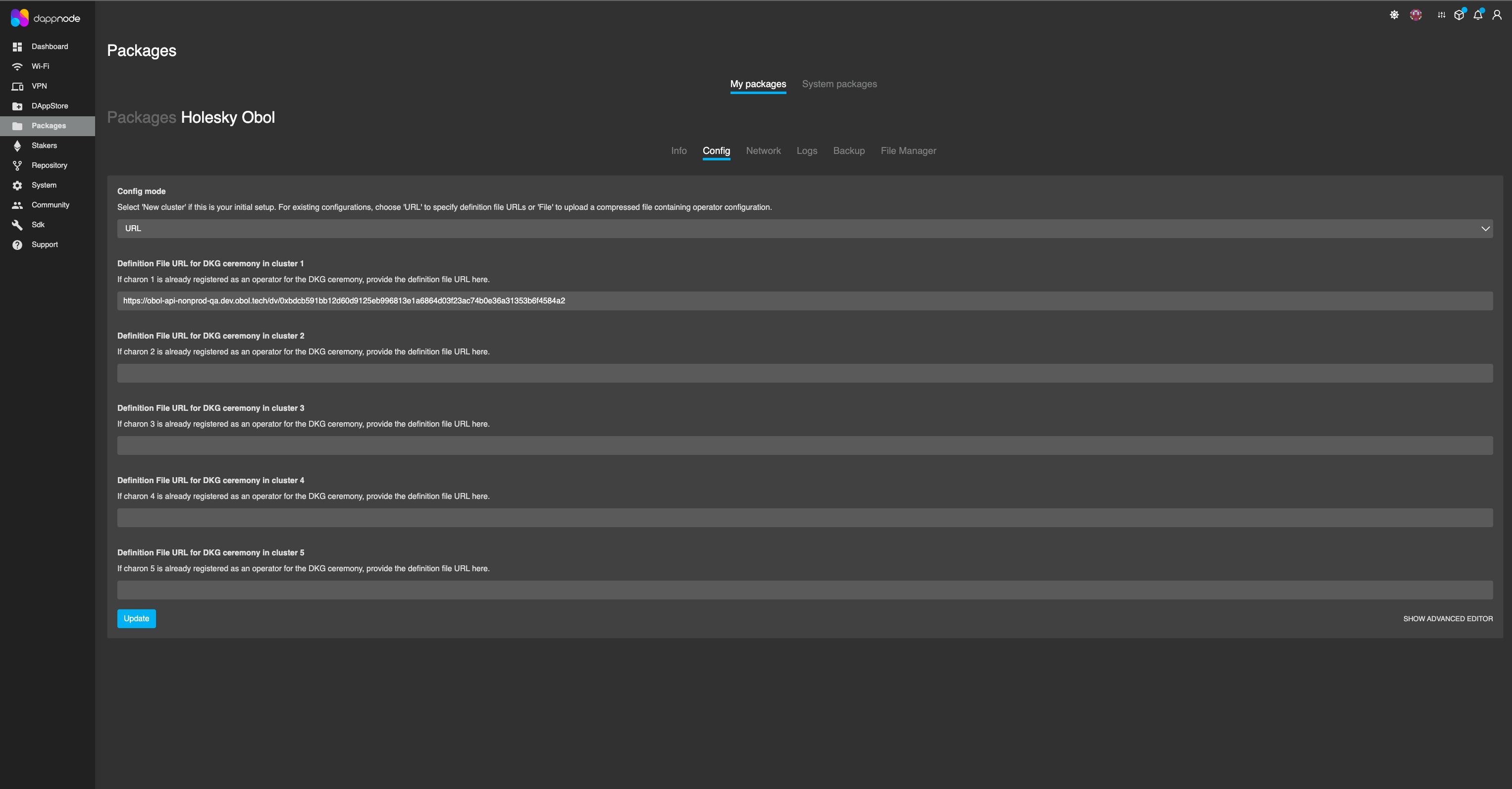 Screenshot: To run the Distributed Key Generation ceremony using a DappNode, you must paste the cluster definition URL into the Obol Package interface. Go to the 'Config' tab, select 'URL'…