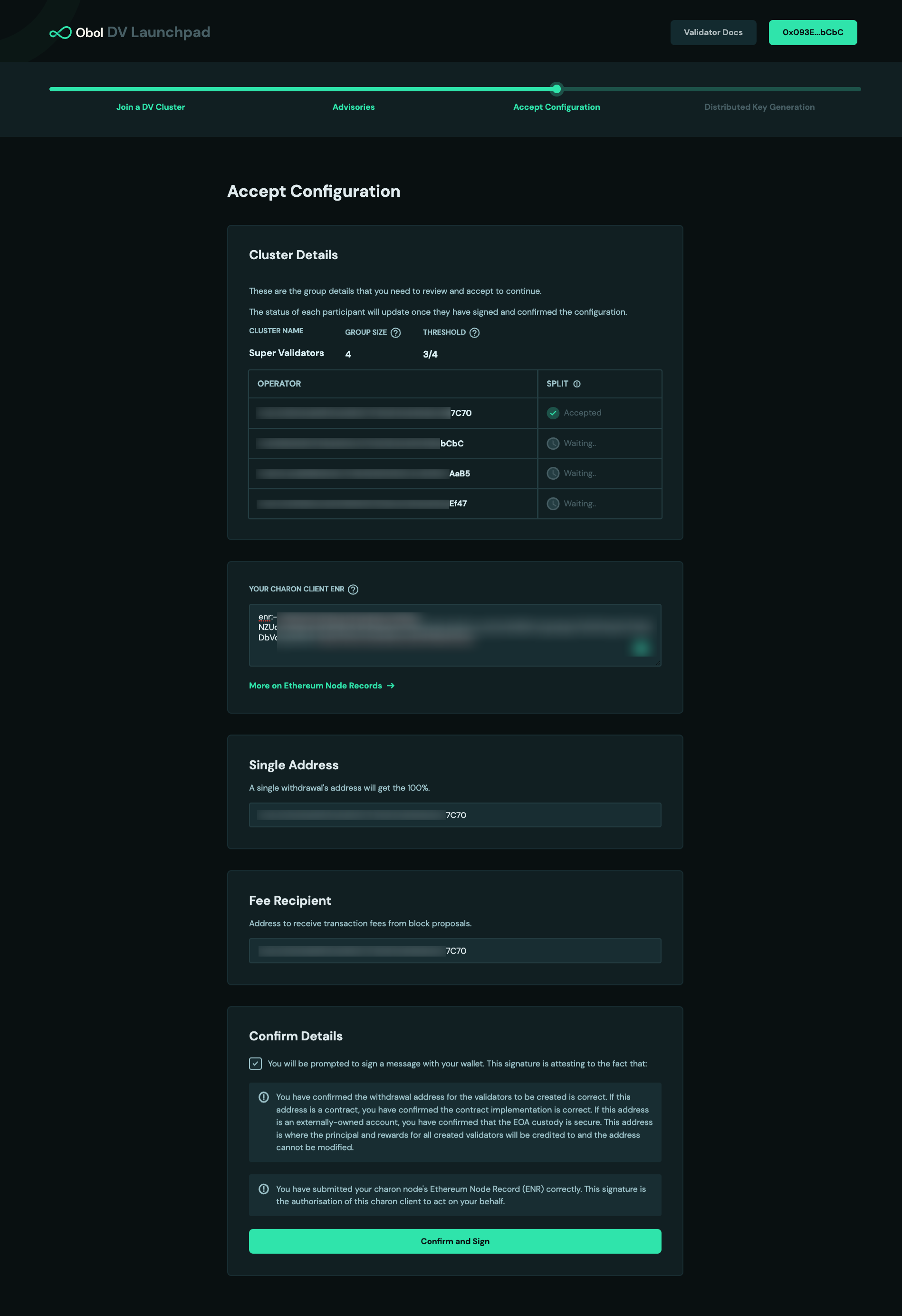 Screenshot: Review the cluster configuration set by the creator and add your ENR that you generated in step 1..